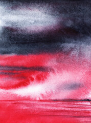 Abstract watercolor background. Thunder black clouds looming bright crimson sunset sky. Purple endless sea reflects beauty of heaven. Fantastic marine illustration hand drawn on textured paper