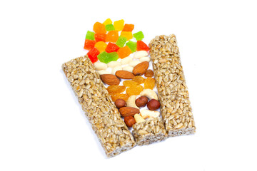 Nuts in form of glass. Fitness diet super food. Energy cereal healthy meal. Muesli, seeds,...
