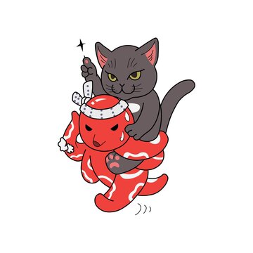 vector graphic illustration of an octopus holding a cat, used for t-shirt designs, stickers, clothes, templates and others
