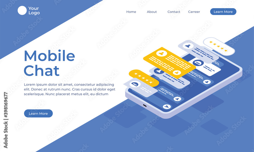 Poster mobile chat dialog application smartphone interface isometric illustration vector. suitable for land