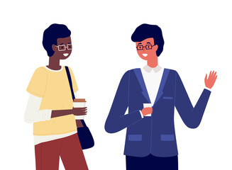 Young male characters are talking together. Positive communication of happy friends. People have a conversation. Men in glasses isolated on white background. Guys are drinking coffee and walking