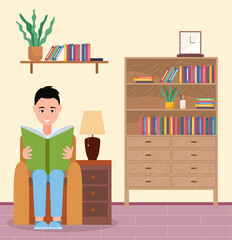 Young man sitting in a chair and reading his favorite book next to the bookcase vector illustration living room interior. Male reader smiling student character in armchair relaxing with a book