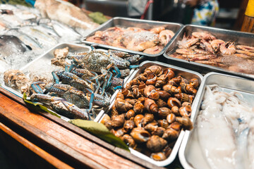 Fish, shrimp, shellfish in a restaurant on the island