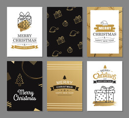 Merry christmas greeting cards with gold luxury decoration templates. Set of holiday posters, tag, banner, postcard design.