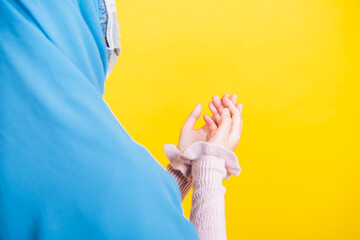 Asian Muslim Arab, Portrait beautiful young woman religious wear veil hijab and face mask protect...