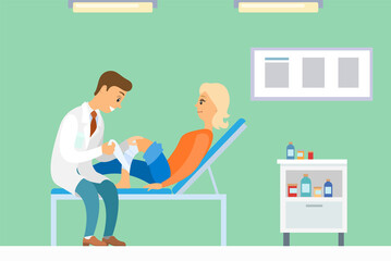 Patient with injured leg on a consultation with a doctor. Podiatrist puts a bandage on the knee of a girl. Woman lies on the bed and looks at the man. Girl and doctor communicate in the hospital