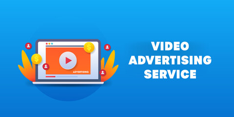 3d style Concept of Video advertising service. Web banner illustration, marketing and information technology.