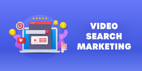 Advertising video on video search engine, paid video marketing ads customer engagement, brand building and promotion, digital media marketing strategy. 3d style abstract concept.