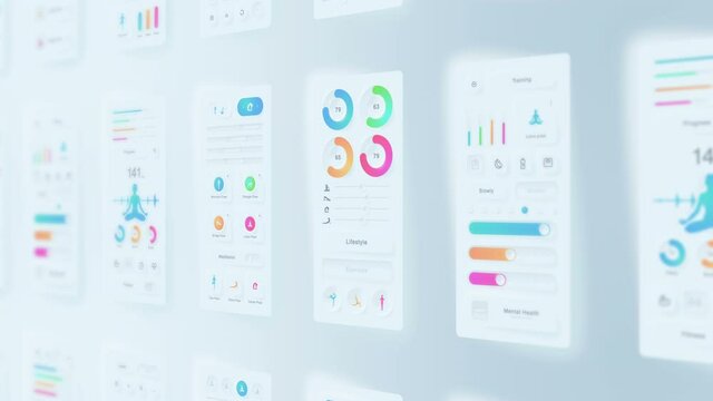 Creative design of yoga application. Neumorphism. Hi tech panel. Fitness and exercise concept. UI, UX, GUI mobile screens modern infographic. Loop animation.