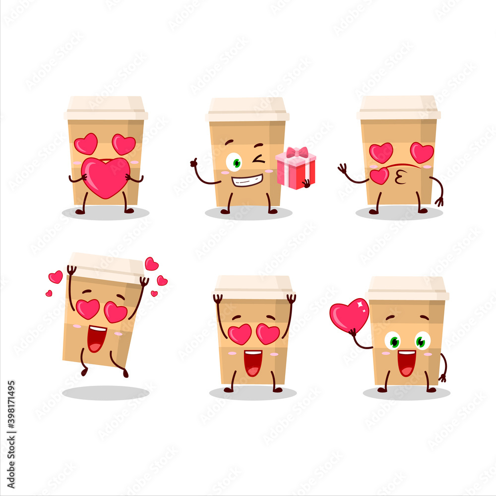 Sticker new coffee cup cartoon character with love cute emoticon