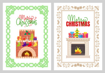 Merry Christmas greeting with burning chimney vector. Glowing fireplace decorated Santa socks, gift boxes, fir-tree. Holiday interior celebration decor