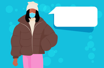 african american woman in winter clothes wearing mask to prevent coronavirus pandemic chat bubble communication concept portrait horizontal vector illustration