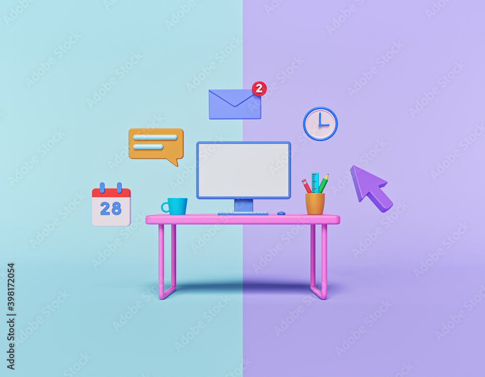 Poster computer desk with technology icons. minimal workplace concept. office interior. 3d rendering