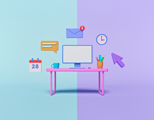 computer desk with technology icons. minimal workplace concept. office interior. 3d rendering