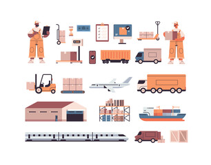 logistic transportation cargo symbols set of different transport and mix race deliverymen in uniform express delivery service concept horizontal isolated vector illustration