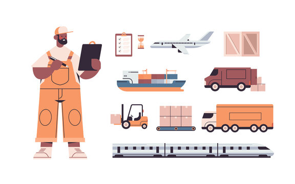 logistic transportation set of different transport and deliveryman in uniform express delivery service concept horizontal isolated vector illustration