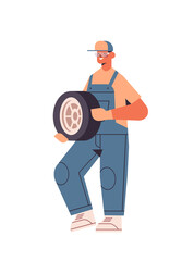 mechanic in uniform repairing tire man working and fixing wheel car service automobile repair and check up concept vertical full length vector illustration