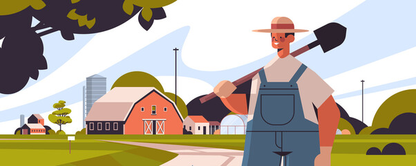 male farmer in uniform holding shovel eco farming agriculture concept rural farmland countryside landscape horizontal portrait vector illustration