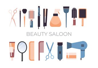 set hairdresser tools and accessories collection beauty salon concept horizontal vector illustration