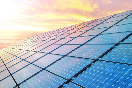 colse up solar panels on sunset. 3d illustration