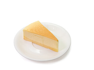 The close up of sliced yummy cheesecake bakery sweet dessert isolated on white background.