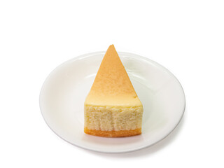 The close up of sliced yummy cheesecake bakery sweet dessert isolated on white background.