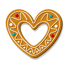 Christmas gingerbread heart decorated with glaze and candy. Festive cookies in the shape of a heart. Romantic vector illustration for valentine's day, wedding, cooking, romance, love, etc.