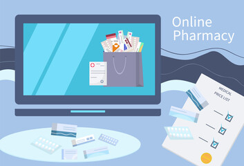 Online pharmacy. Medicine bag. Concept of buying medicines online. Medicines, bottles of liquids and pills. Pharmacy website. Purchase of medicines for health. Vector image, flat style