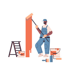 professional worker in uniform using painting wall with roller repair service renovation concept isolated full length vector illustration