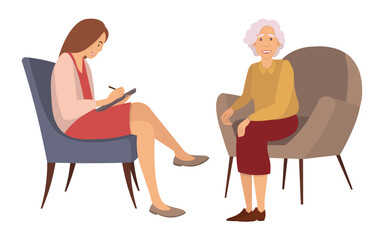 Old woman are sitting on a large brown sofa. The psychologist makes notes with smilling and asks questions. Girl is helping grandmother solve gaps. Psychotherapy session isolated on white background