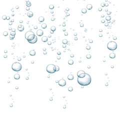 Blue fizzy bubbles. Sparkles underwater stream in water, sea, aquarium. Fizzy pop and effervescent drink. Abstract fresh soda bubbles. Vector illustration.