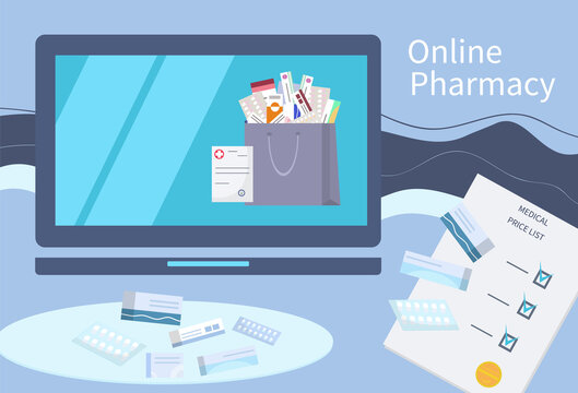 Online pharmacy. Medicine bag. Concept of buying medicines online. Medicines, bottles of liquids and pills. Pharmacy website. Purchase of medicines for health. Vector image, flat style