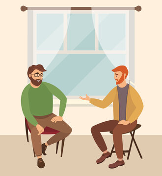 Men are sitting on large brown stools. The psychologist is asking questions. Men are communicating with each other. Man is helping male character solve gaps. Psychotherapy session vector illustration