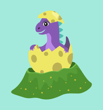 Purple dragon hatches. Animal smiles happily while sitting in a shell. Dinosaur appears from a colorful egg. Cute baby dragon looks at the world happily. Cartoon character isolated on blue background