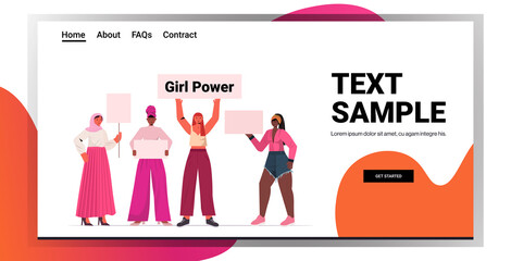 mix race girls activists holding posters female empowerment movement women power concept full length horizontal copy space vector illustration