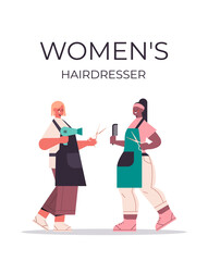 women's hairdressers discussing during meeting mix race girls in uniform standing together beauty salon concept vertical full length isolated vector illustration
