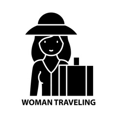 woman traveling icon, black vector sign with editable strokes, concept illustration