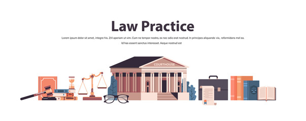 law and justice set gavel judge books scales courthouse icons collection horizontal copy space vector illustration