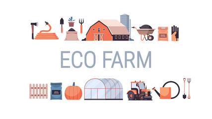 set garden and farm tools gardening equipment collection organic eco farming agriculture concept horizontal copy space vector illustration