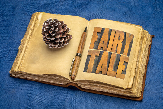 fairy tale words in vintage letterpress wood type in a retro journal with a decorative frosty pine cone