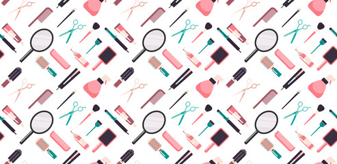 set hairdresser tools and accessories collection beauty salon concept seamless pattern horizontal vector illustration