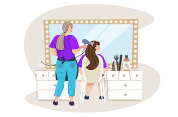 hairdresser using hair dryer making hair style to client in beauty salon horizontal full length vector illustration