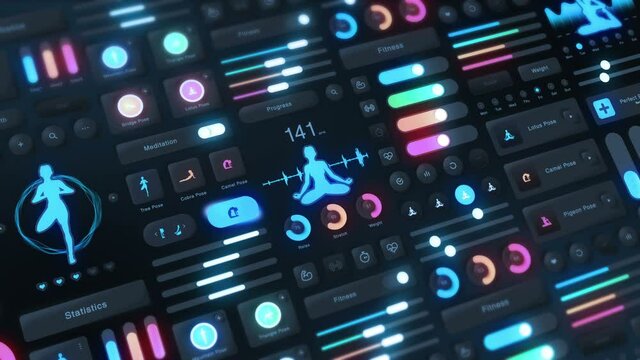 Hi tech panel of yoga application on dark background. Fitness and exercise concept. UI, UX, GUI mobile screens modern infographic. Loop animation.