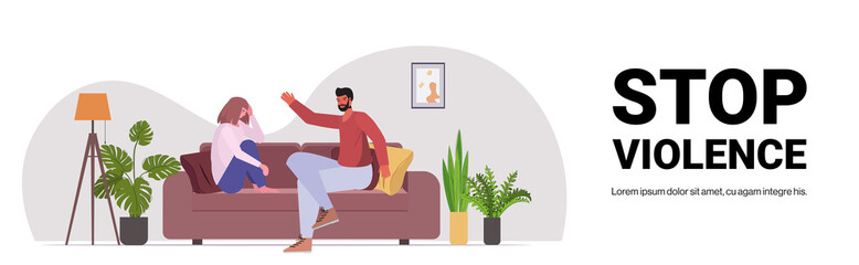 angry husband punching and hitting wife stop domestic violence and aggression against women living room interior copy space horizontal full length vector illustration