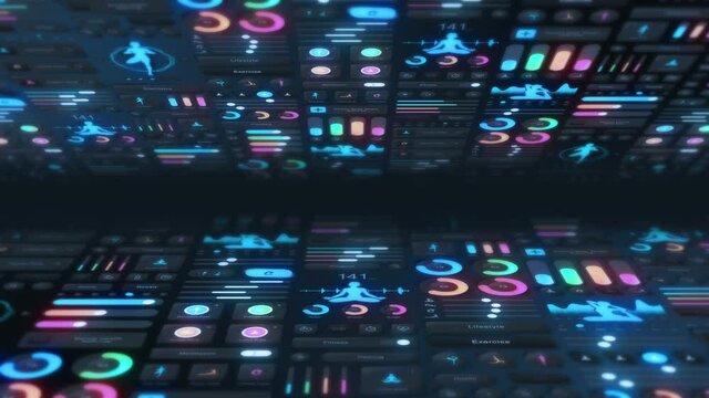 Hi tech panel of yoga application on dark background. Fitness and exercise concept. UI, UX, GUI mobile screens modern infographic. Loop animation.