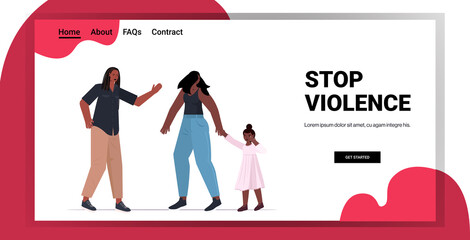 angry husband punching and hitting wife with daughter stop domestic violence and aggression against women horizontal full length copy space vector illustration