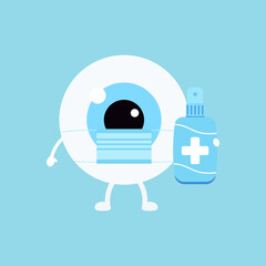 Cute eyeball with medical mask and antiseptic isolated on background. Flat design cartoon style personal hygiene and coronavirus  or infection prevention and protection character vector illustration. 