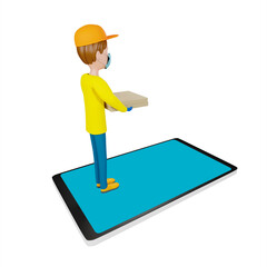 3D rendering. A man in uniform from a delivery service with a box in his hands.