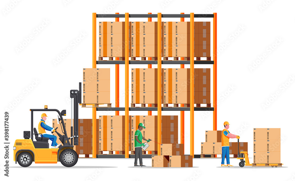 Poster warehouse shelves with goods, mover and container package boxes. pile cardboard boxes set. carton de