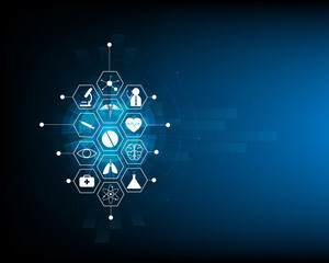 Healthcare icon and medical innovation concept illustrated on blue background
